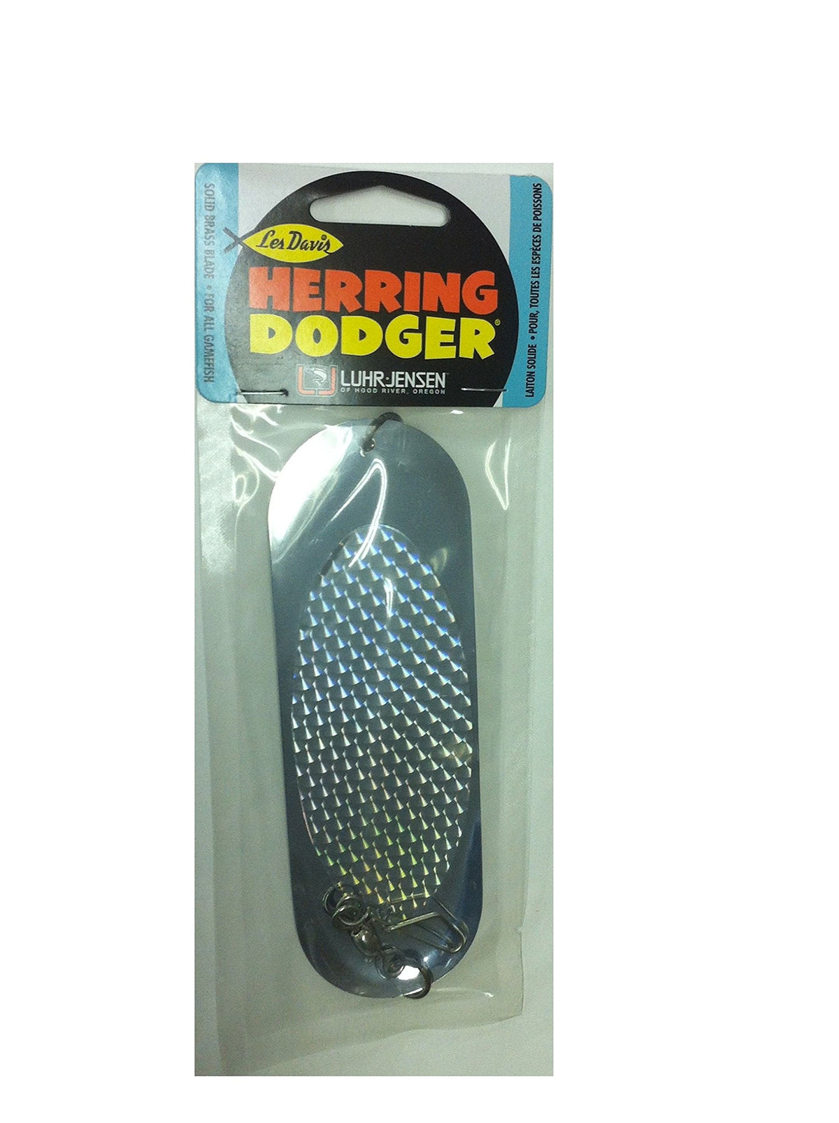 Luhr Jensen Herring Dodger chrome Prism-Lite front view attracts salmon with vivid flash