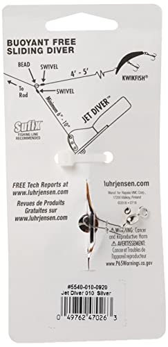 Luhr Jensen Jet Diver Silver 10ft side view emphasizes buoyant diving action for tight lure presentation.
