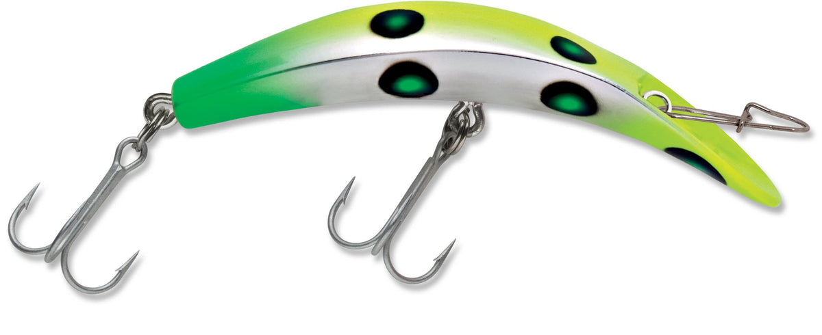 Luhr-Jensen K15 Kwikfish Rattle lure in chartreuse/green UV for deep-water trolling.