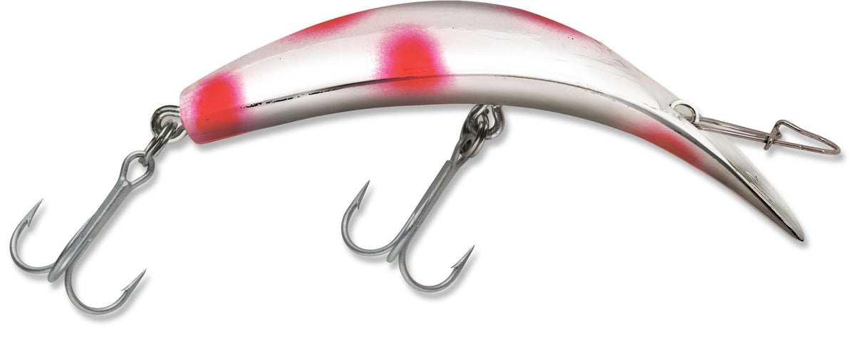 Luhr Jensen K15 Kwikfish Rattle lure bag in silver with flo red dot, ideal for salmon trolling.