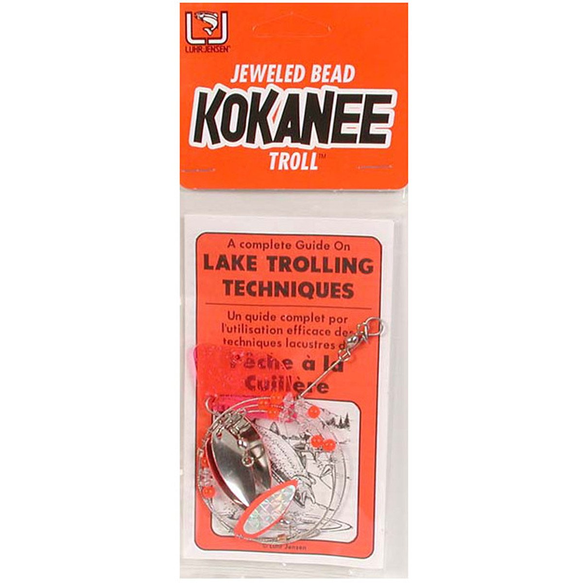 Luhr Jensen Kokanee Jeweled Bead Troll lure: 28-inch Fire/Silver, four blades for kokanee fishing.