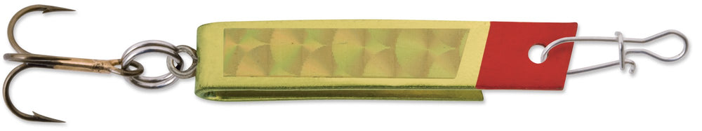 Luhr Jensen one-quarter Super Duper Magnum cast spoon in brass-gold P-Lite for versatile lure action.