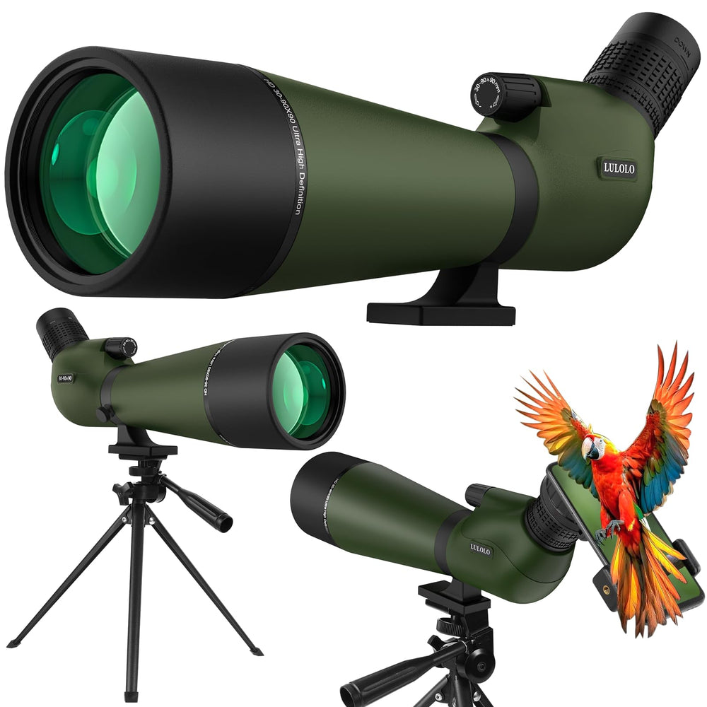 LULOLO spotting scope 30-90x90 zoom enables distant wildlife viewing.