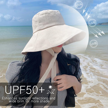Close-up of UPF 50+ protection label on the hat