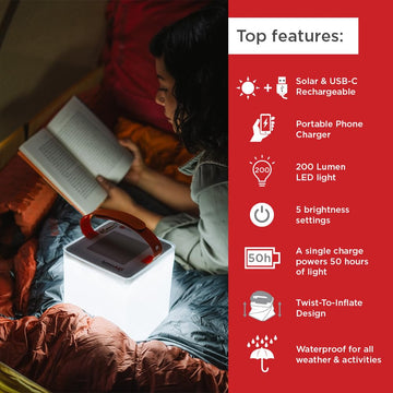 LuminAID Max Inflate lantern inflated to 6-inch cube for compact lighting.