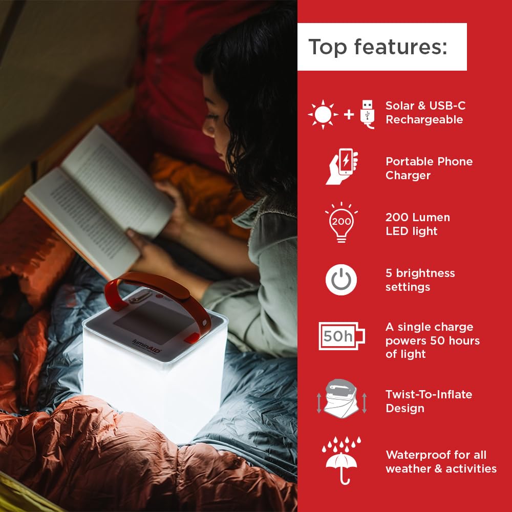 LuminAID Max Inflate lantern inflated to 6-inch cube for compact lighting.