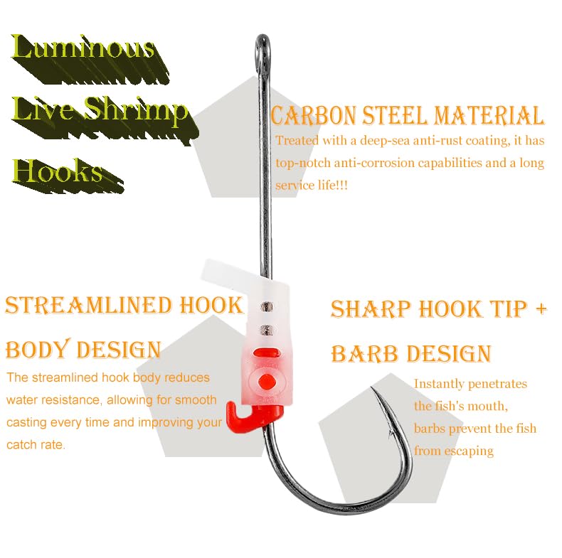 Close-up of glow-in-the-dark shrimp hook tips