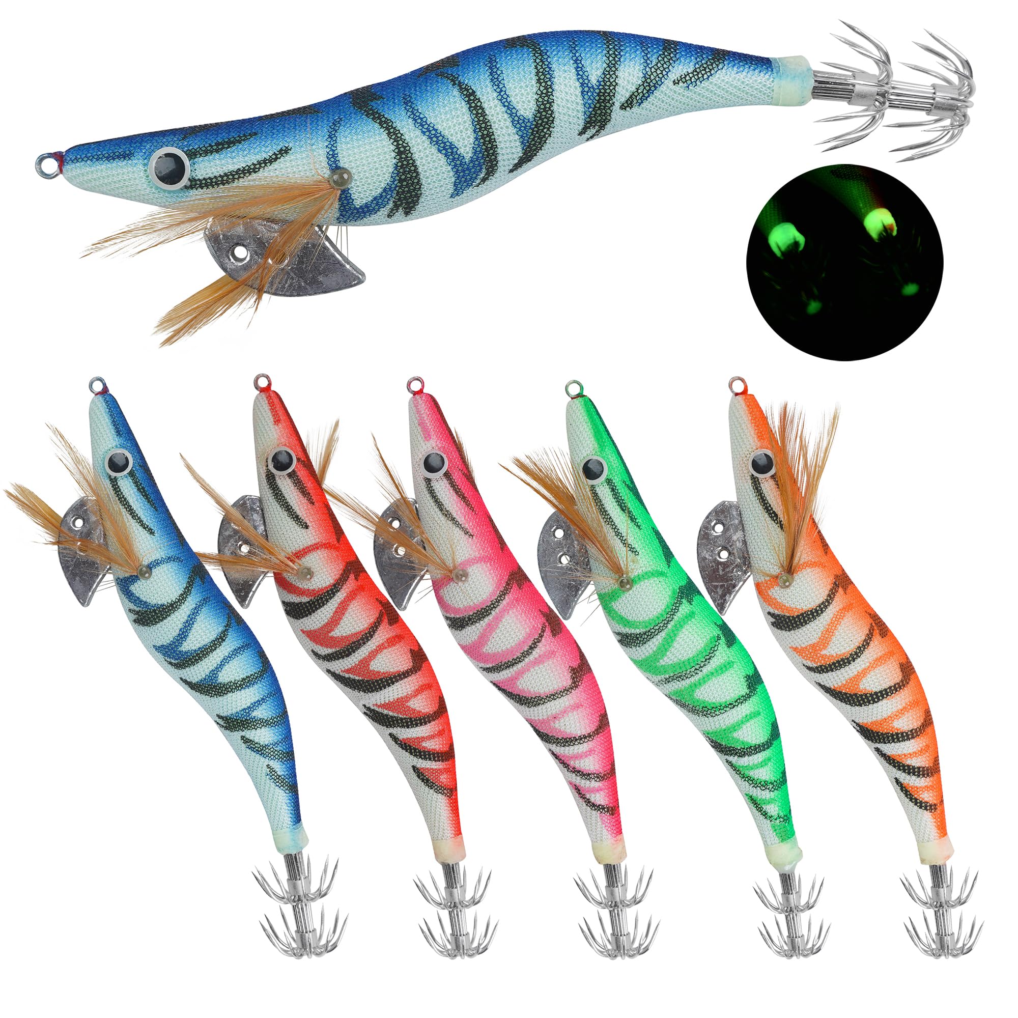 Luminous squid jig hook lure in blue color with 3D eyes