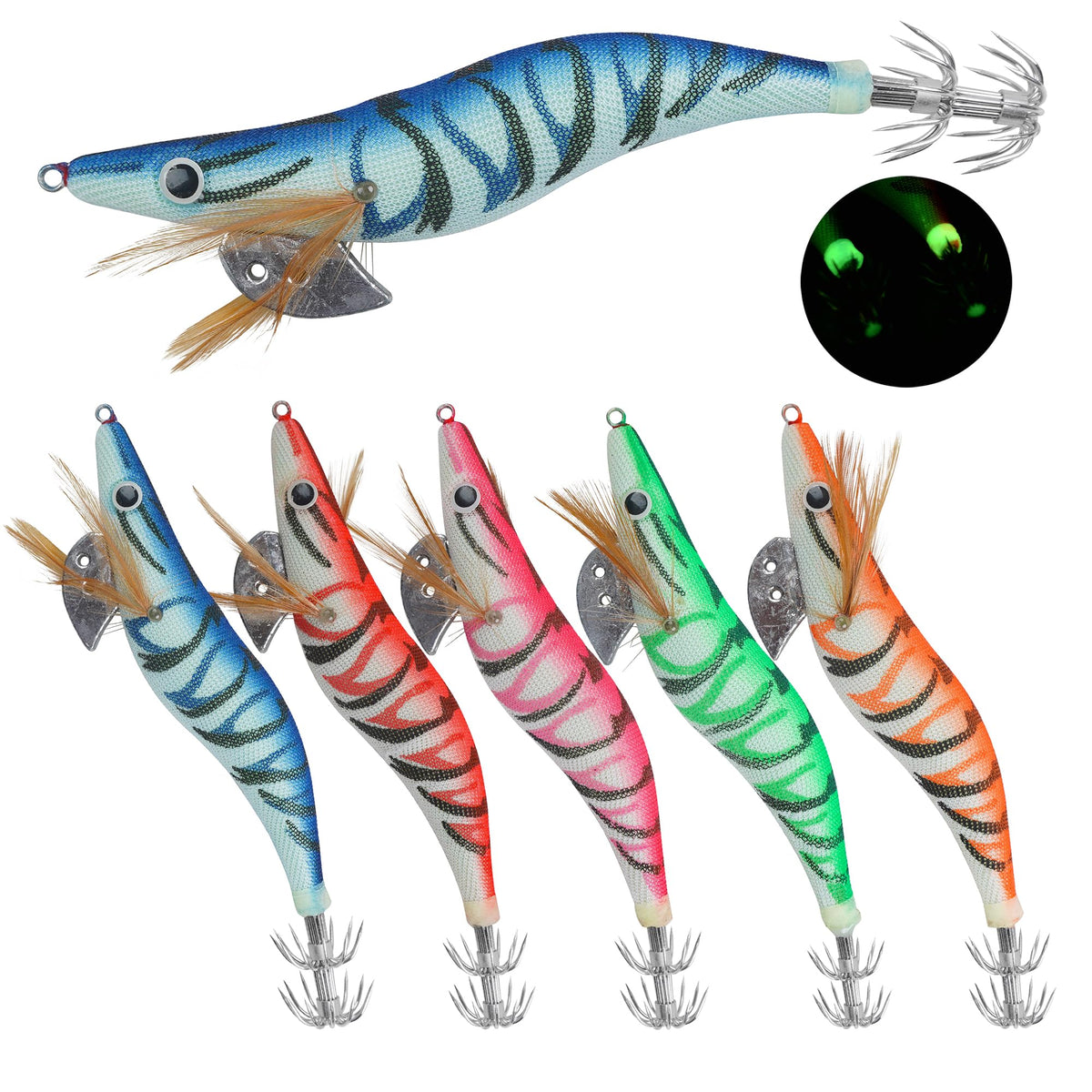 Luminous squid jig hook lure in blue color with 3D eyes