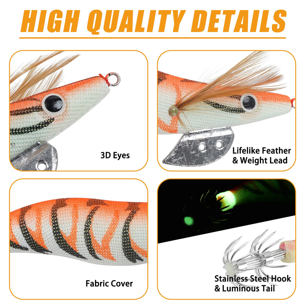 Luminous squid jig hook lure in orange color with glow tail