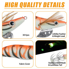 Luminous squid jig hook lure in orange color with glow tail