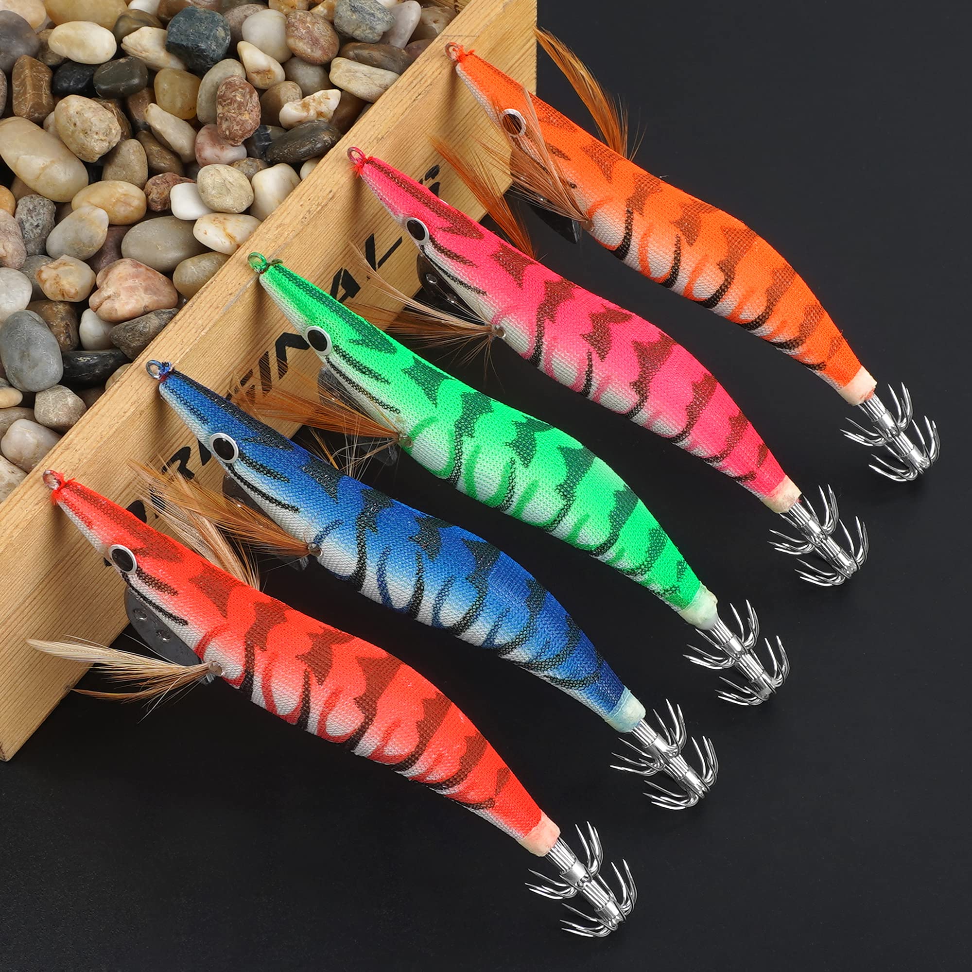 Assorted color squid jig shrimps: blue, green, orange, pink, red