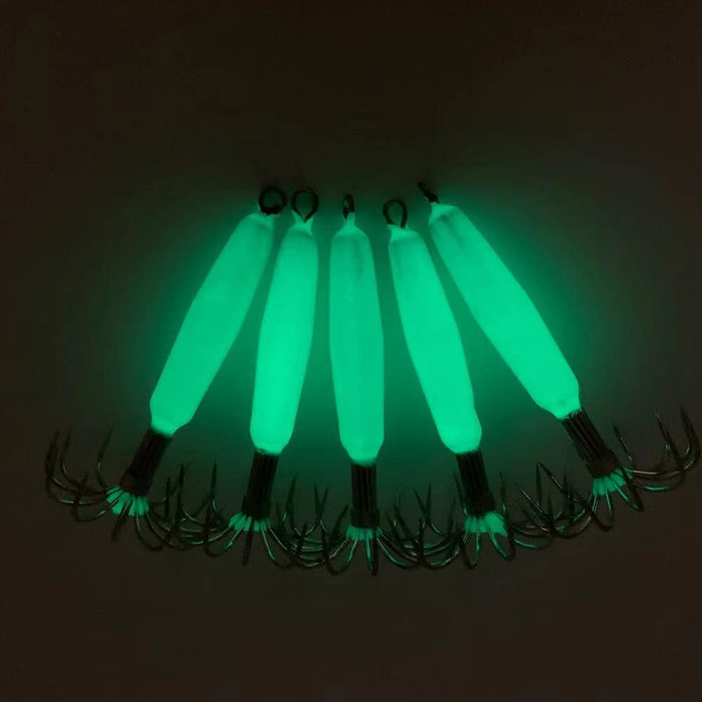 Luminous squid jig hooks close-up highlighting sharp needles for strong hookups.