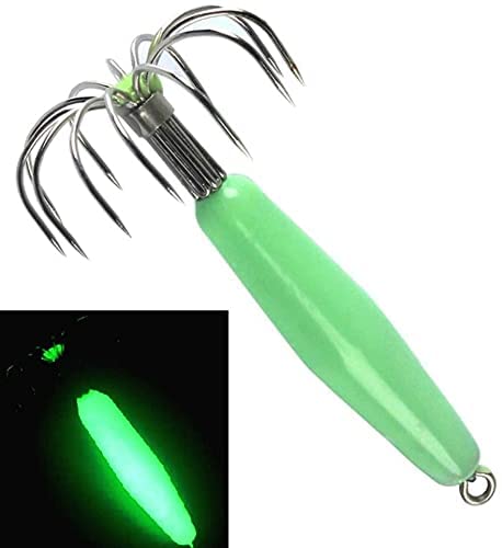 Luminous squid jig hooks versatile for squid, octopus, and cuttlefish in fresh or saltwater.