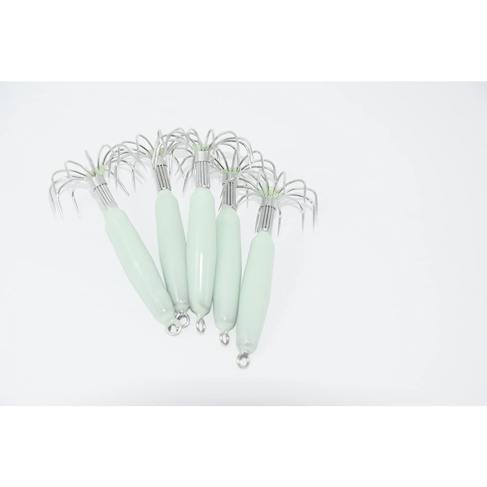 Luminous squid jig hooks glow for enhanced night fishing visibility under low light.