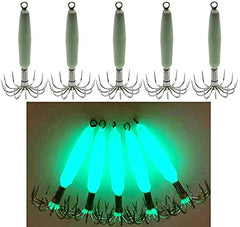 Luminous squid jig hooks: package view showing five fluorescent lures ready for night fishing.