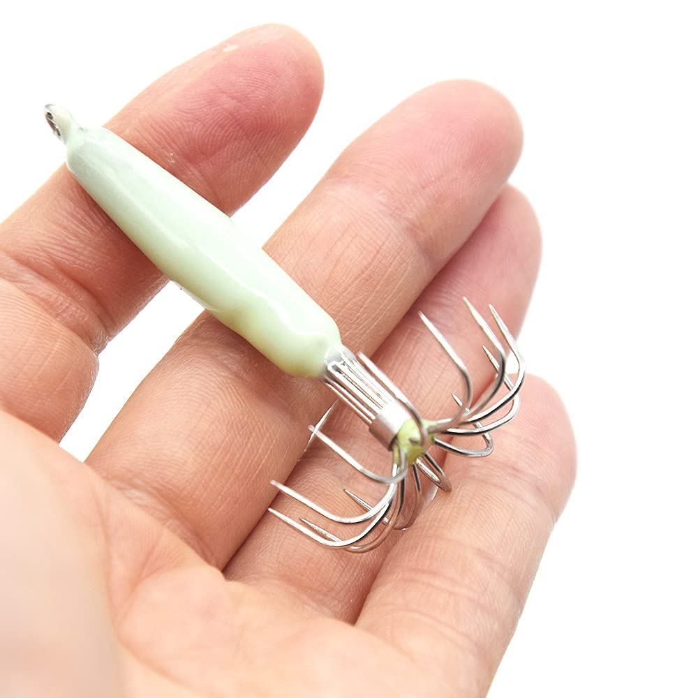 Luminous squid jig hooks stainless steel construction resists corrosion in saltwater environments.
