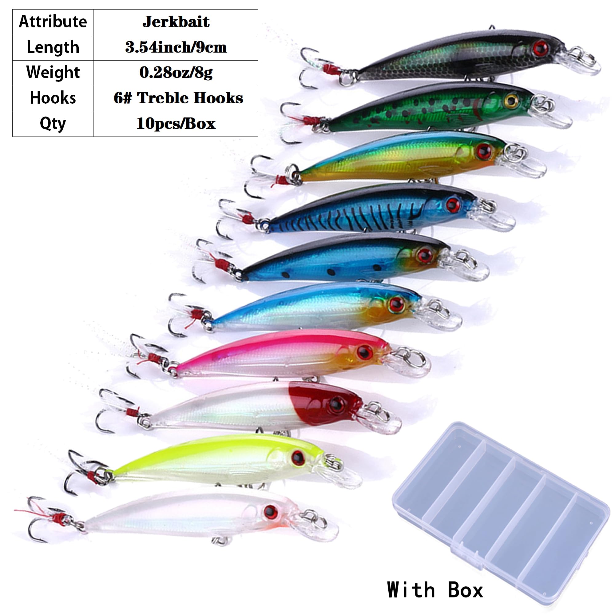 Lumista jerkbait showing bright colors and treble hooks for strong bites.