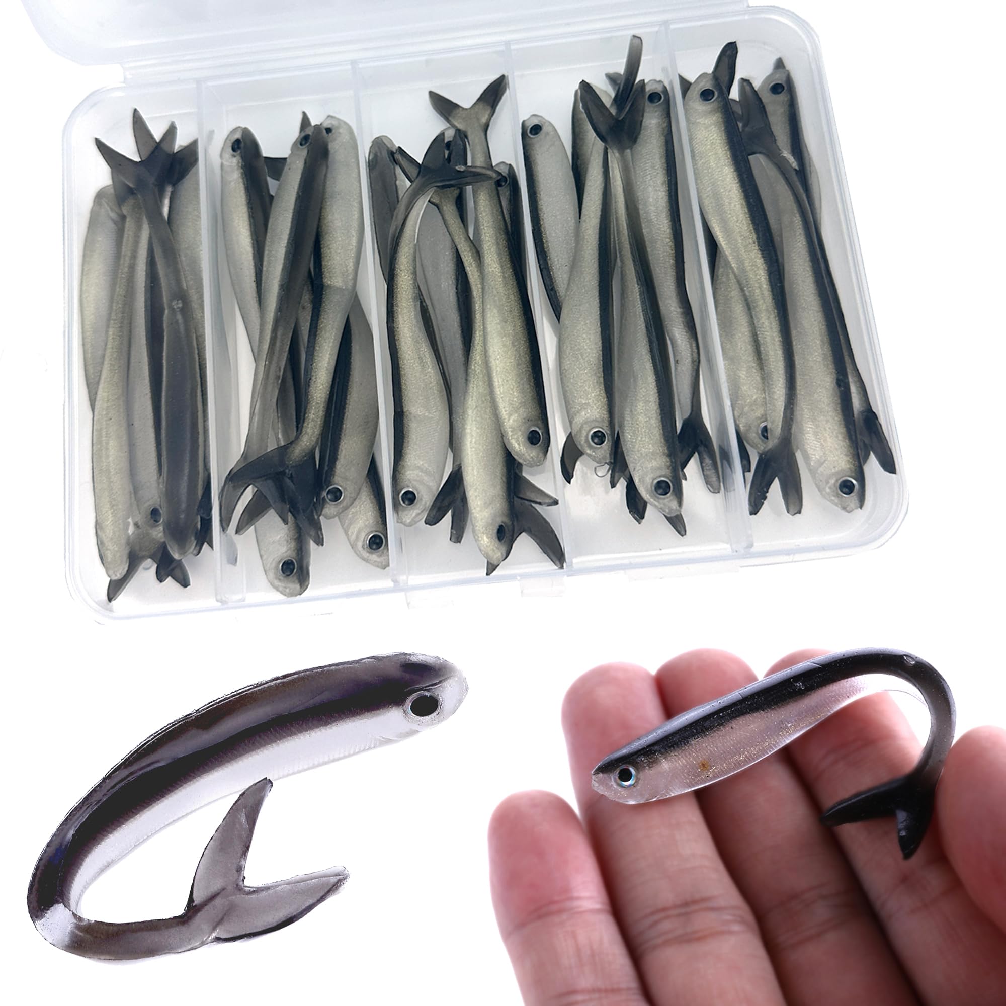 Lumista paddle-tail swimbaits in a box entice bass with lifelike action.
