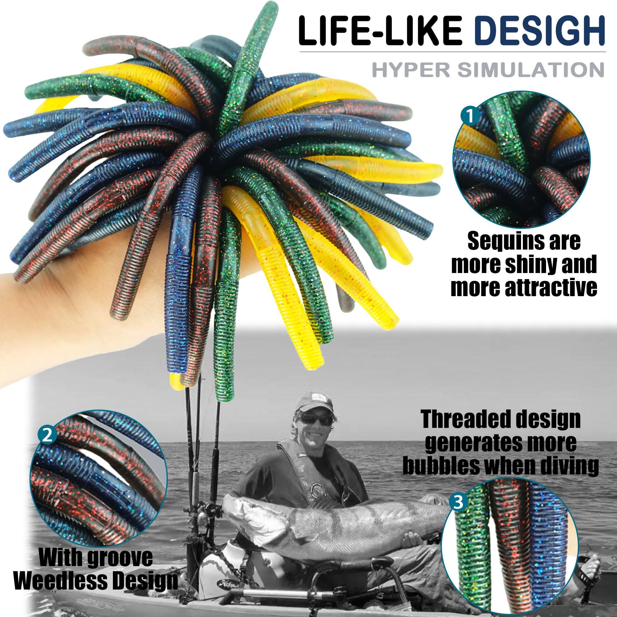 Lumista Wacky Worms salt-infused PVC withstands saltwater, promoting durability across rivers and coastlines.