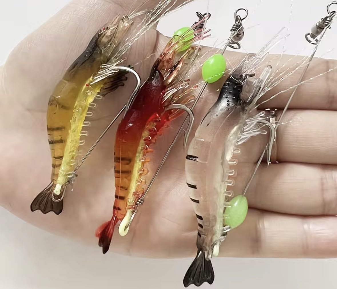 Close-up of glow-in-the-dark beads on Lumobait glow shrimp lure