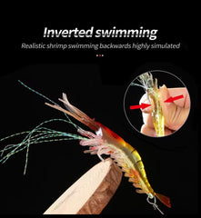 Soft silicone shrimp lure with fluttering legs and pre-rigged hook