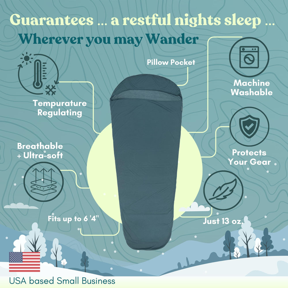 Luna Ridge sleeping bag liner foot box demonstrates extra room for comfortable sleep on trails.