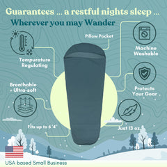 Luna Ridge sleeping bag liner foot box demonstrates extra room for comfortable sleep on trails.