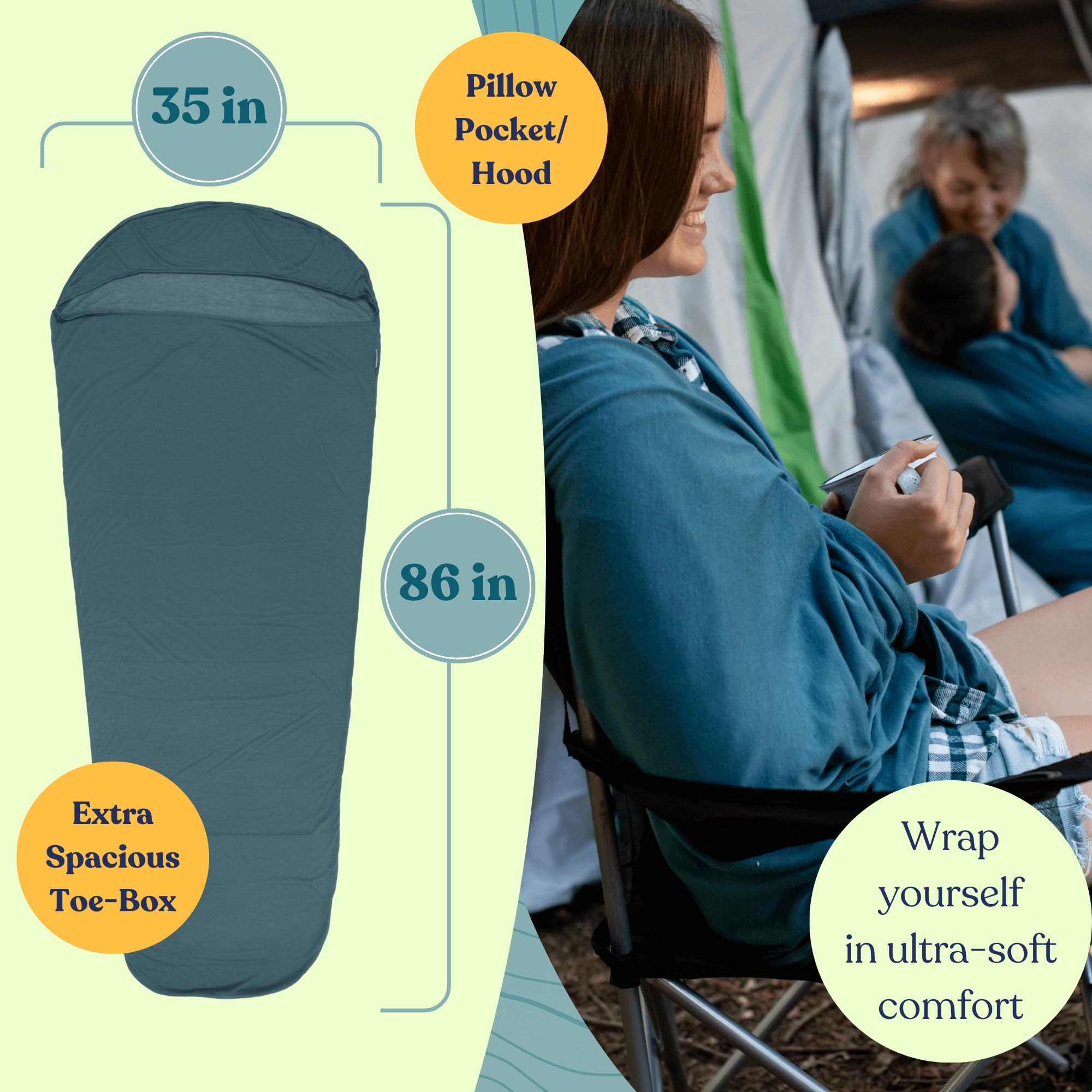 Luna Ridge sleeping bag liner hotel-use illustrates anti-static fabric for smooth sleeping.