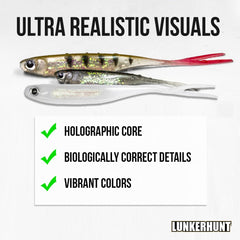 Lunkerhunt Bento ghost lifelike detail enhances realism for freshwater and saltwater use.