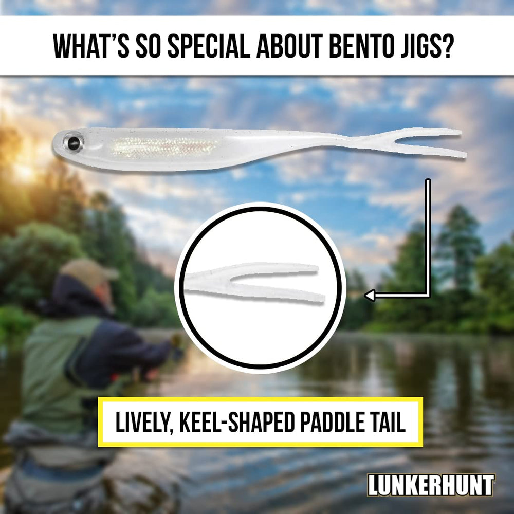 Lunkerhunt Bento ghost with split-tail action demonstrates dynamic lure movement.