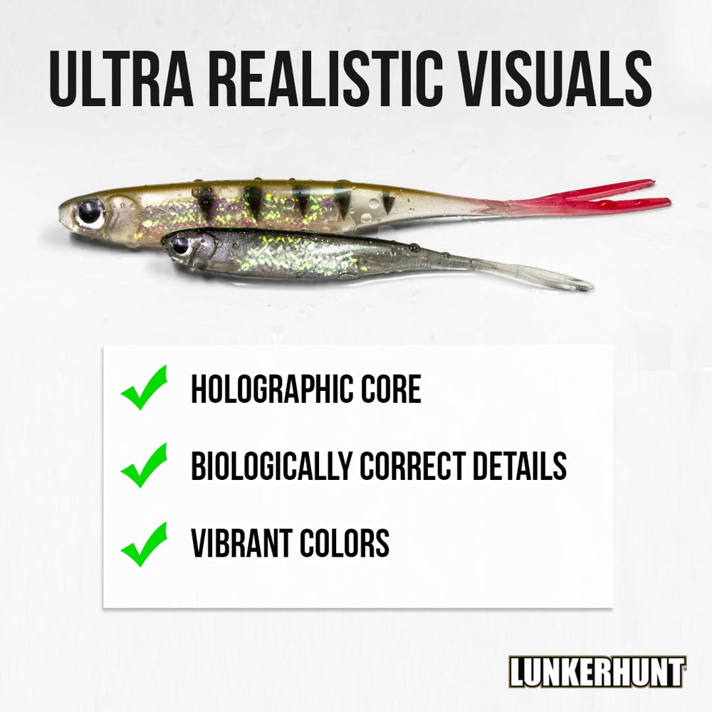 Lunkerhunt Bento Bait lure features split-tail action to entice strikes.