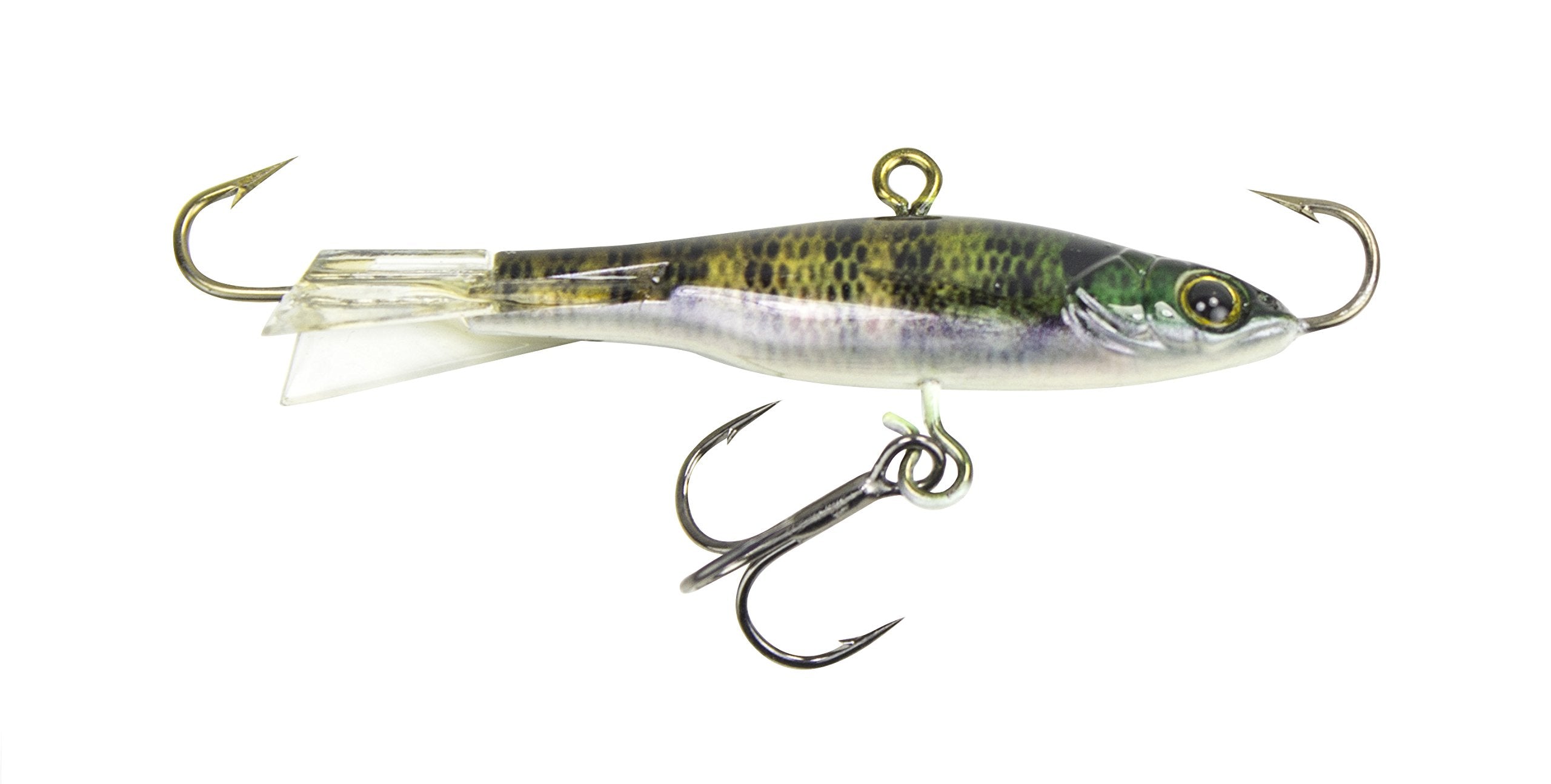 Lunkerhunt ice jig with fixed face and tail hooks entices panfish with shad realism