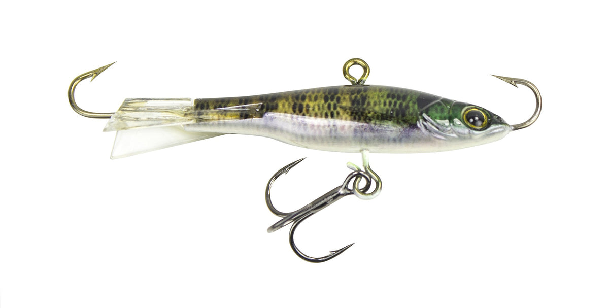 Lunkerhunt ice jig with fixed face and tail hooks entices panfish with shad realism