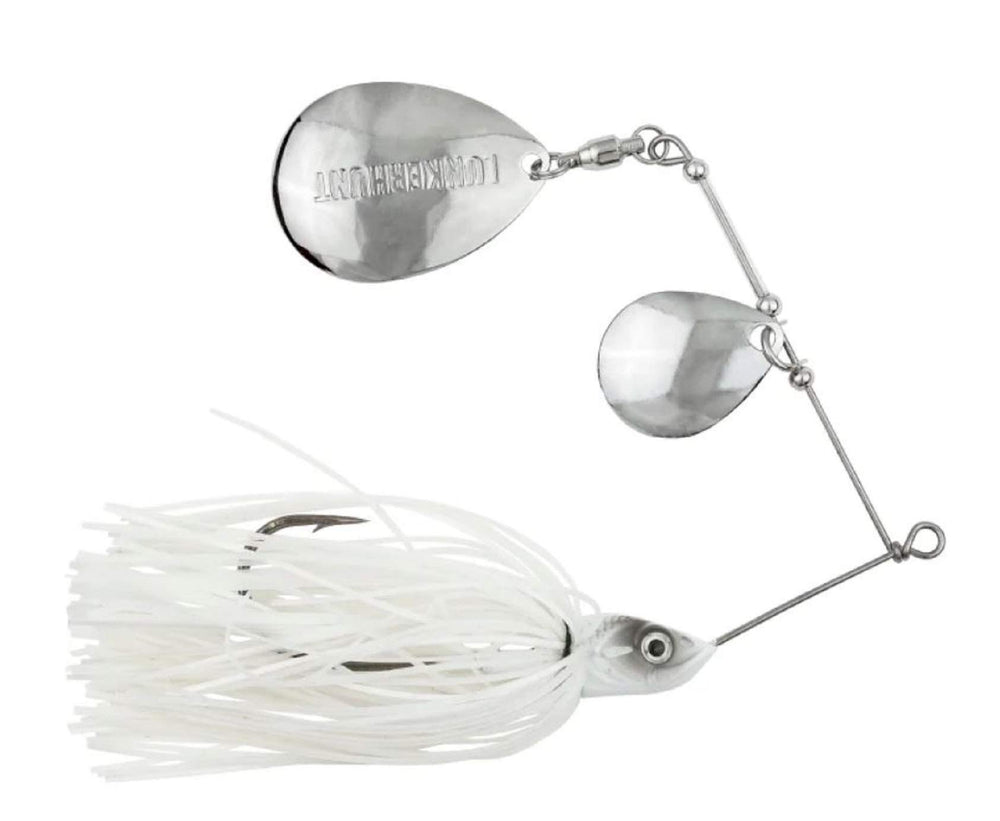 Lunkerhunt Impact Ignite Ghost spinnerbait with willow leaf blades for strong underwater vibration.