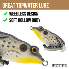Lunkerhunt Pocket Frog lure pause action: legs retract for natural pauses.