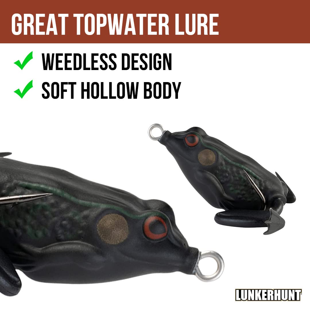 Lunkerhunt Pocket Frog pause action with retracting legs for believable frog behavior.