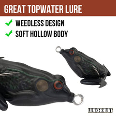 Lunkerhunt Pocket Frog pause action with retracting legs for believable frog behavior.