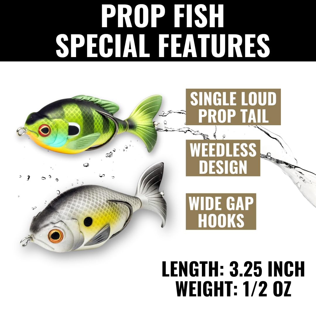 Lunkerhunt Prop Fish Sunfish topwater action triggers more bites near riverbanks.