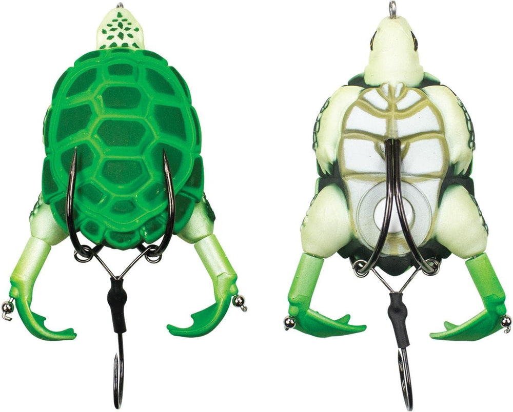 Lunkerhunt Prop Turtle lure gliding on water with bubble trail to attract bass.