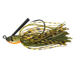 Lunkerhunt skirted swim jig spawner close-up shows lifelike skirts for bass attraction.
