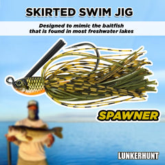 Lunkerhunt skirted swim jig spawner water action highlights vibrant colors for visibility.