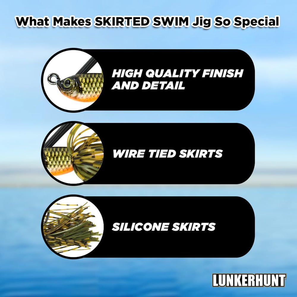 Lunkerhunt skirted swim jig weedless design enables easy fishing through grasses.
