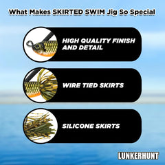 Lunkerhunt skirted swim jig weedless design enables easy fishing through grasses.
