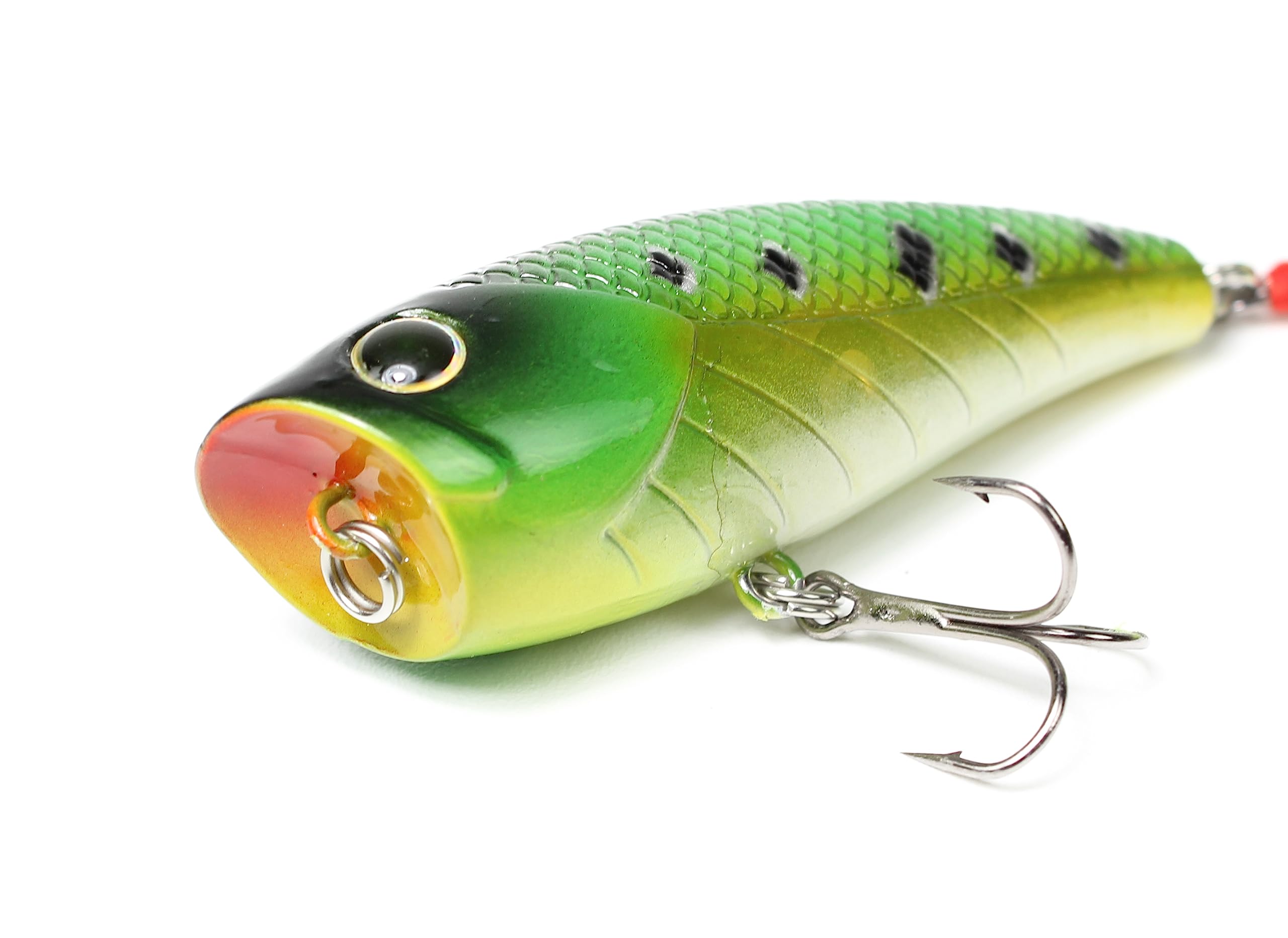 Close-up of Lunkerhunt topwater lures showing detail and color.