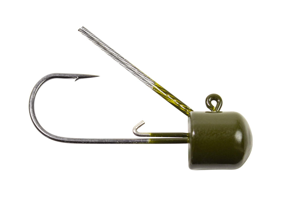 Lunkerhunt Weedless Mushroom Head in green pumpkin keeps soft plastics upright for bottom presentation.