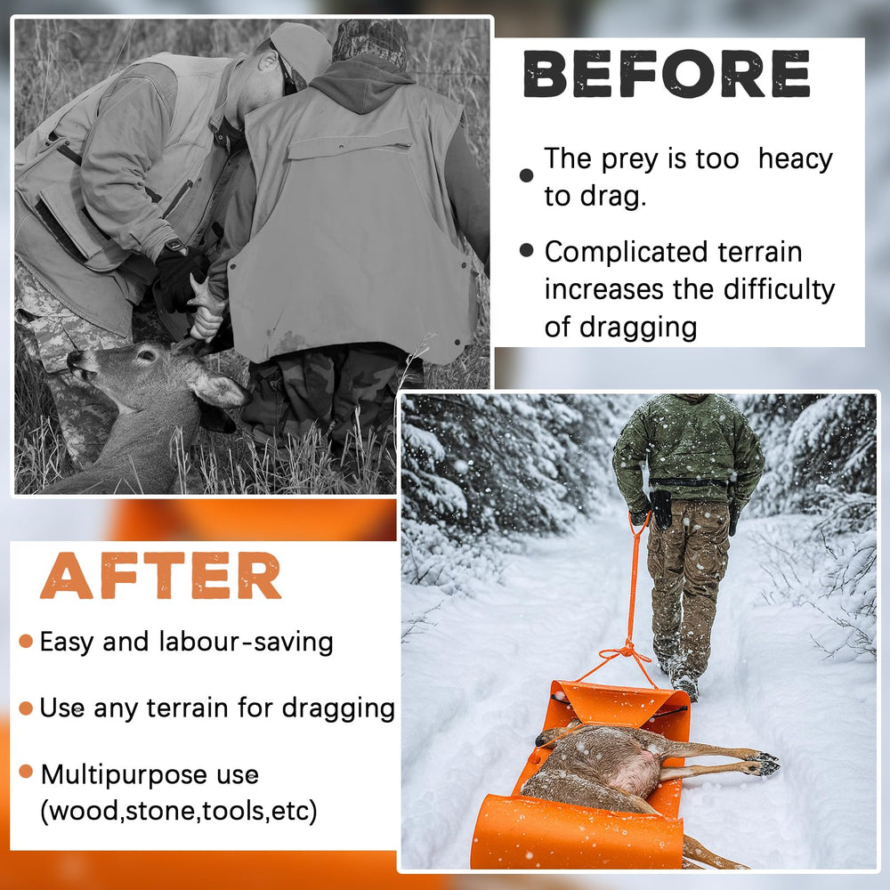 Lunmon deer drag sled folded compact – portable storage for easy transport.