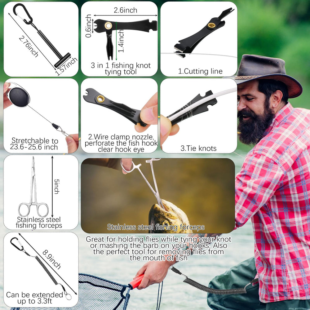 Fly fishing tools kit including knot tool, line clipper retract, and tippet holder