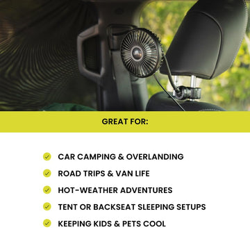 Luno car camping fan flexible arm adjusting airflow for precise comfort