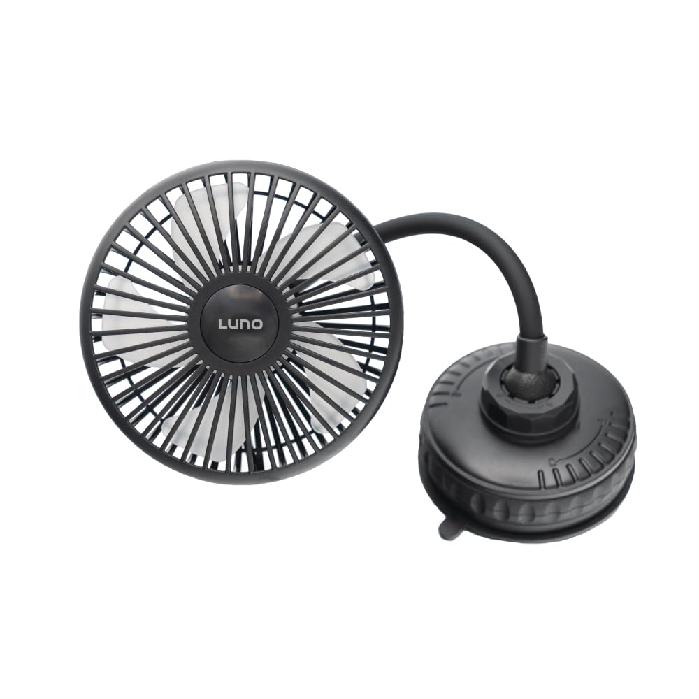 Luno car camping fan suction cup attached to window showing secure cooling
